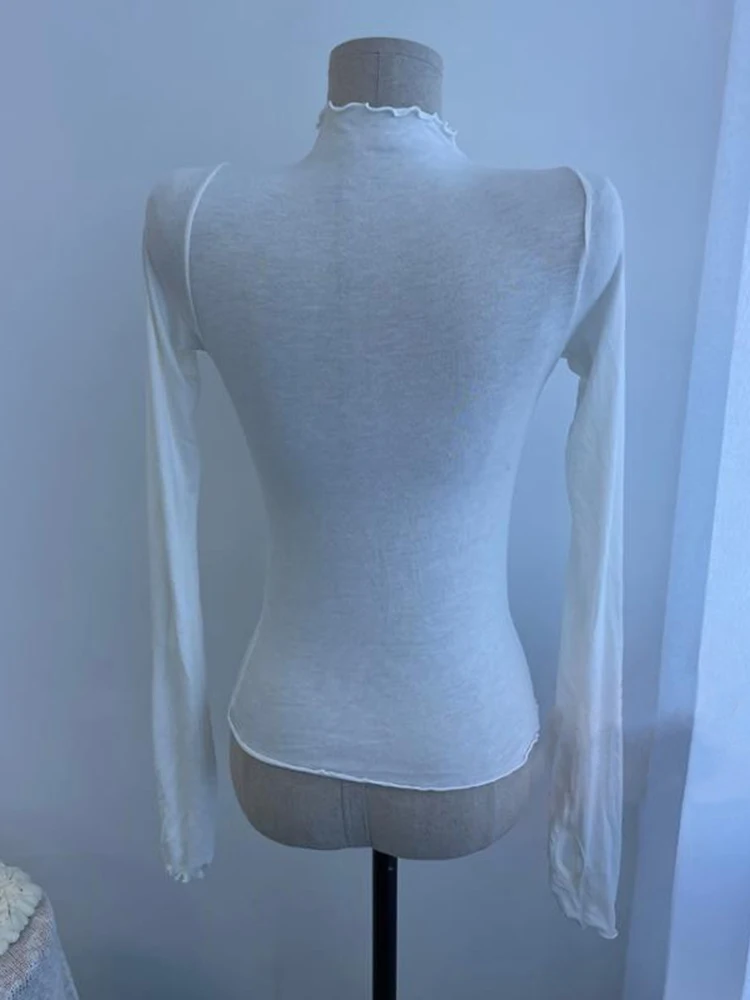 2026 Frühling Sommer Sexy Durchsichtiges Damen T-Shirt Hochelastisches Slim-Fit Rüschen-Rollkragen-T-Shirt Einfarbiges Oberteil – Detail 8