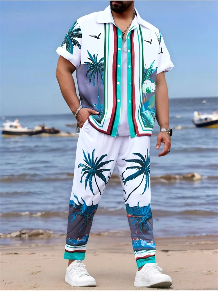 

Men's Hawaiian-style Tropical Palm Print Short-sleeved Shirt Set, Loose Two-piece Set For Casual Vacations （ S - 2xl）