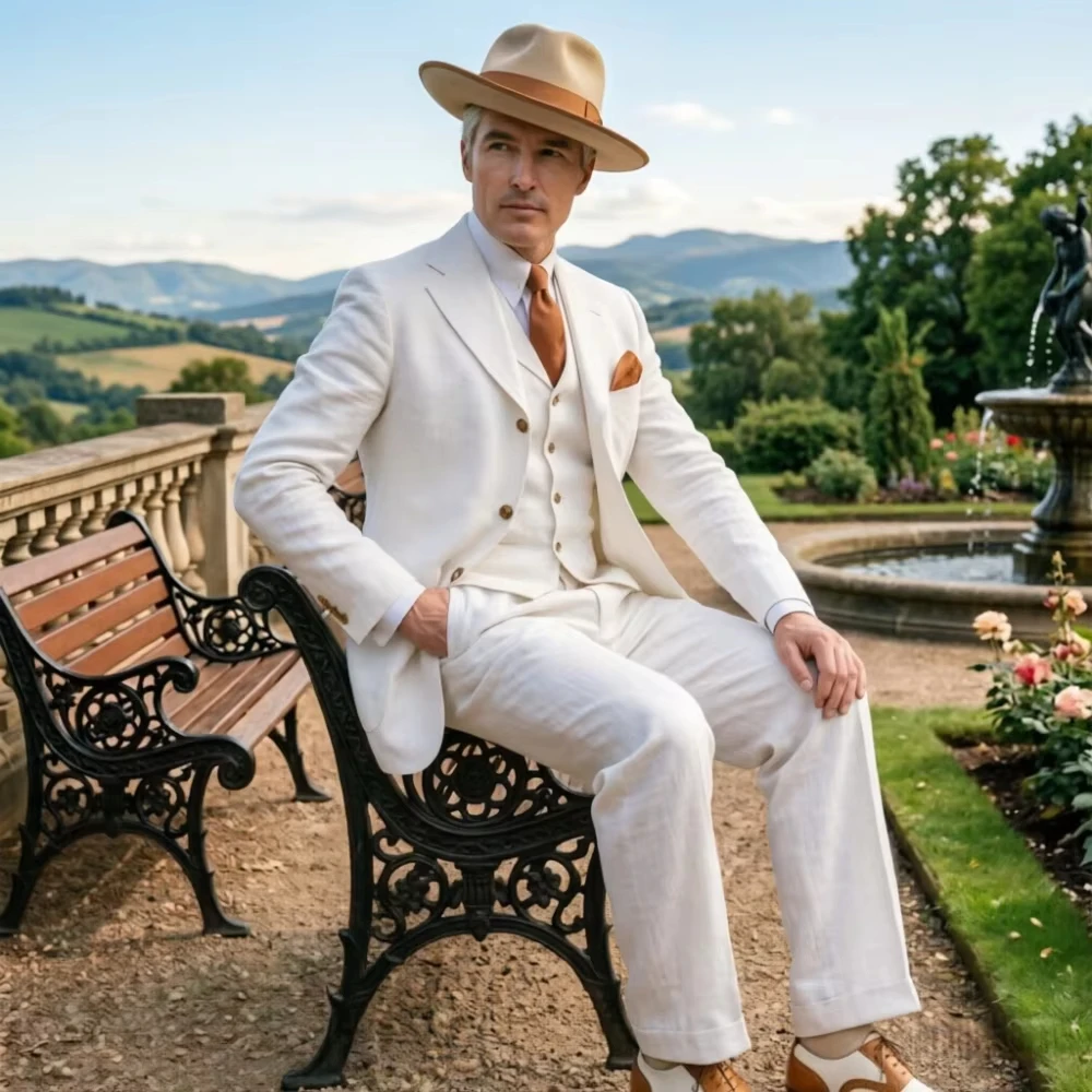 Beżowy lniany męski garnitur 3 – Men Linen Formal Wear recenzja i cena