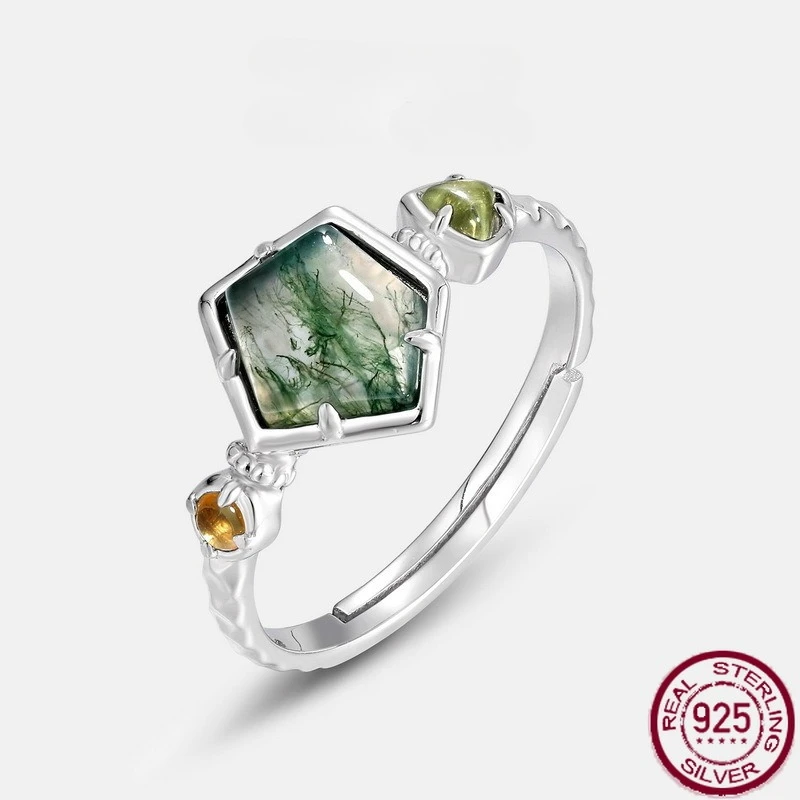 

New S925 sterling silver irregular geometric water grass agate inlaid with moss stone opening ring wedding jewelry