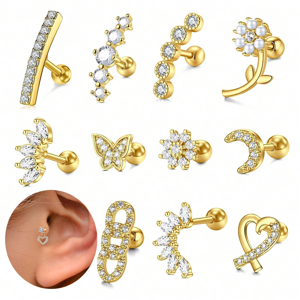 1pc 16GStainless Steel Golden Ear Bone Stud Earrings Tragus Spot Drill Hollow Love Butterfly Flower Moon Shape  Multiple Styles