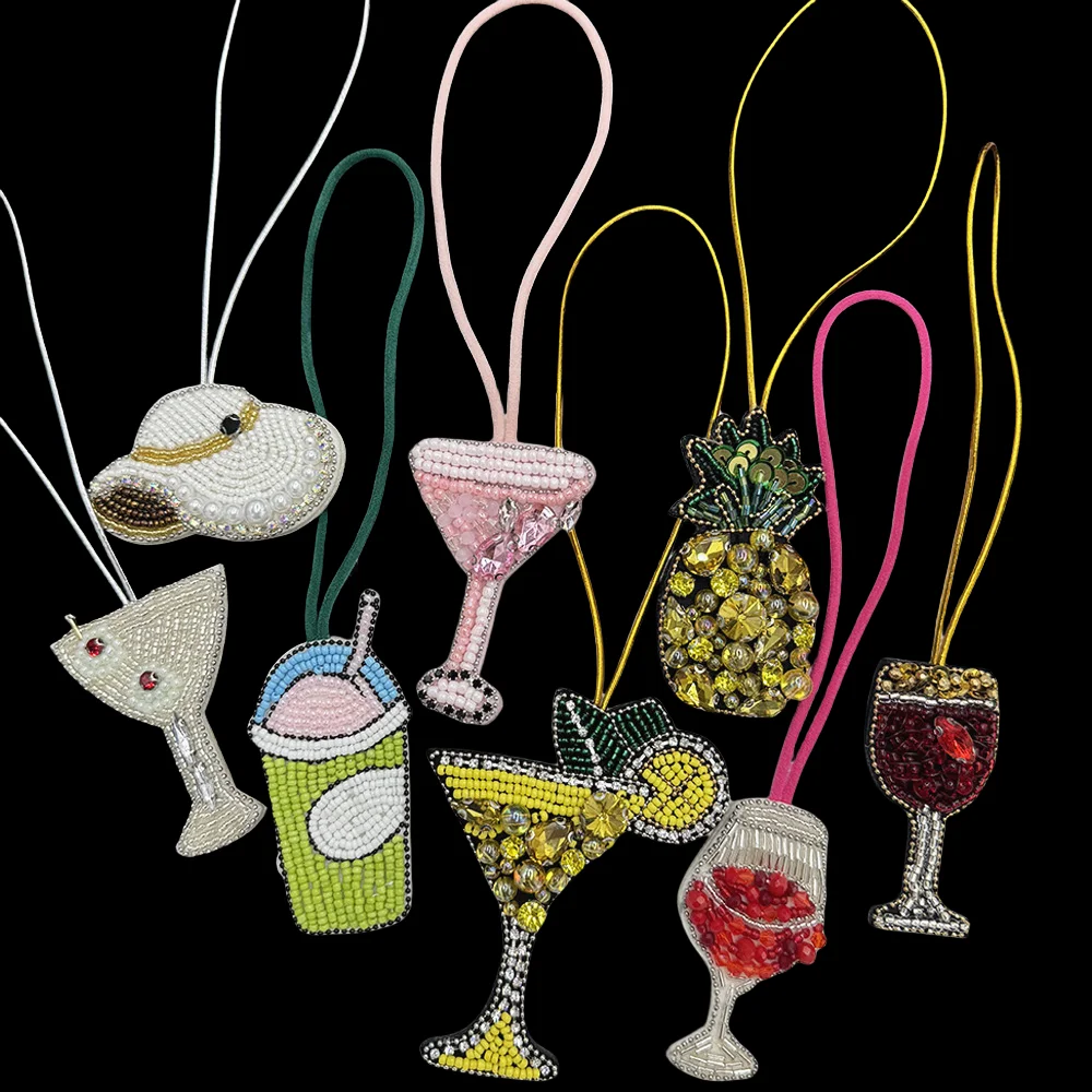 3D Rhinestone Beaded Keychain Pineapple Lemon Wine Glass Hanging Rope Patches Crystal Bag Lanyard Patch Beading Applique Patch