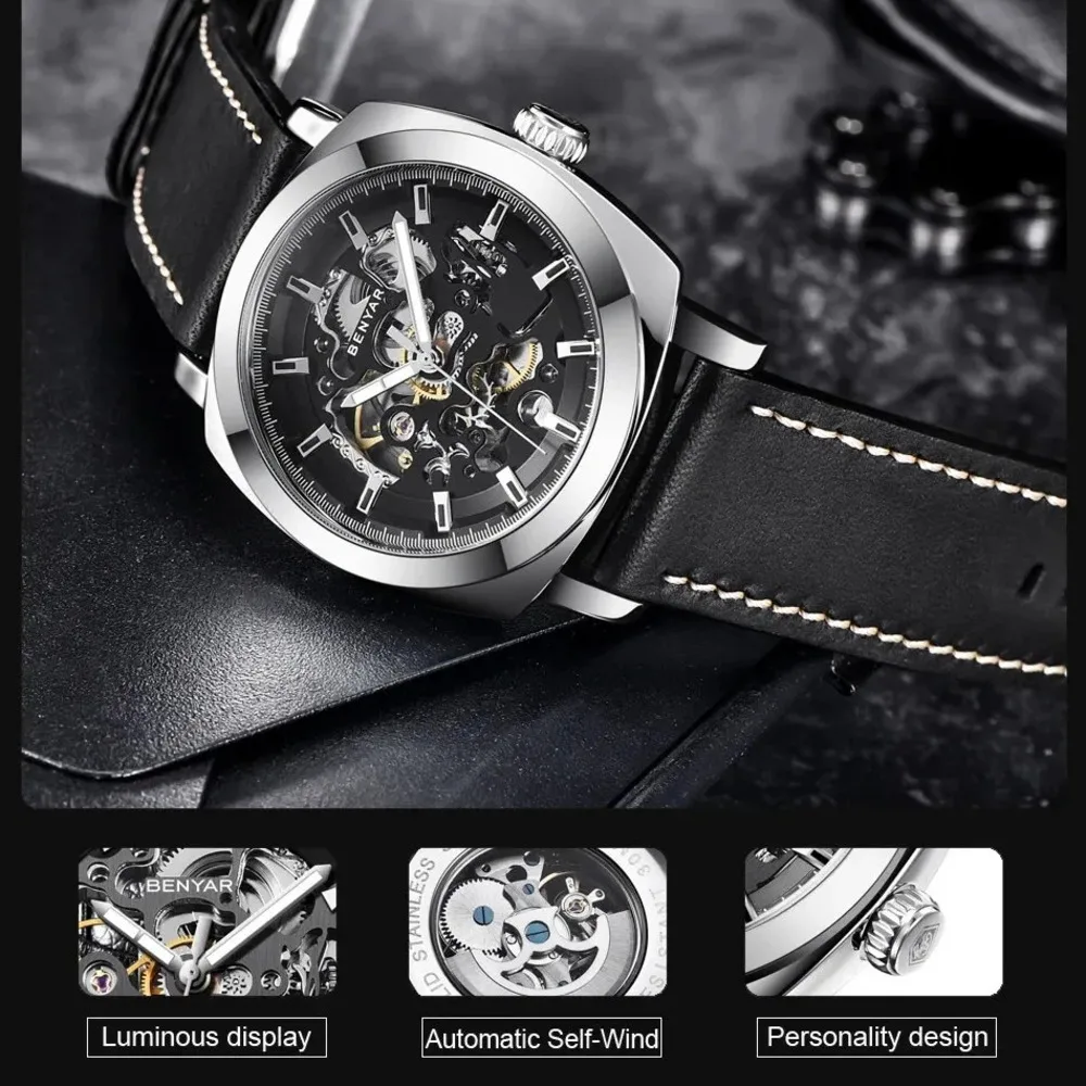 BENYAR 5121 Men\'s Hollow Out Mechanical Watches Fully Automatic Waterproof Fashionable Top Mechanical Watch for Men Strap Box