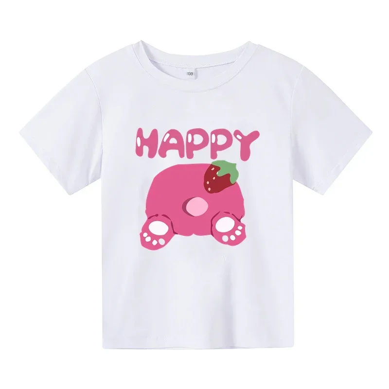 Cartoon Pink Strawberry Bear KidsT-shirt Boys Girls 2024 Fashion Casual Harajuku T-shirt