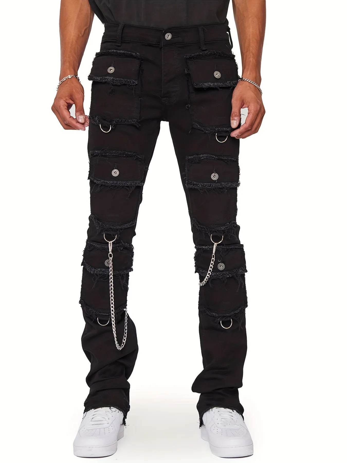 Men Jeans Straight Pants Mid Waist Denim Patchwork Zipper Fly Cargo Pockets Solid Ankle Length Slight Strech High Street