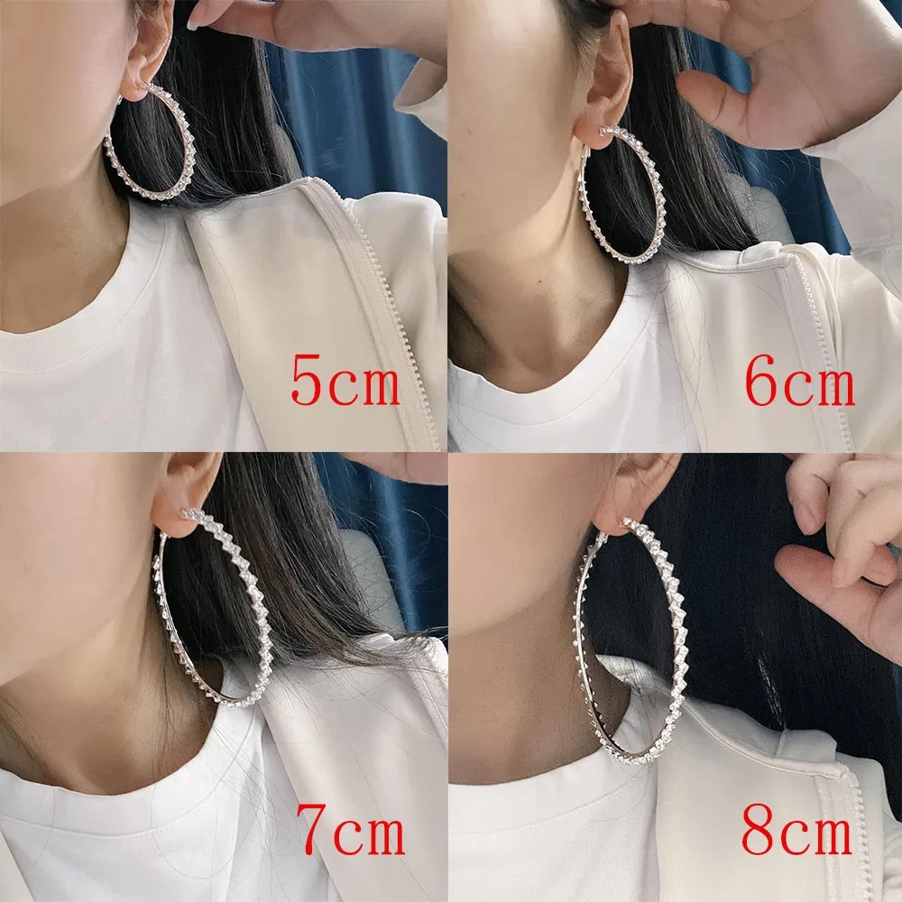 TREAZY New Rhinestones Big Circle Earrings for Women Wave Shape Shiny Crystal Round Hoop Earrings Brides Wedding Party Jewelry