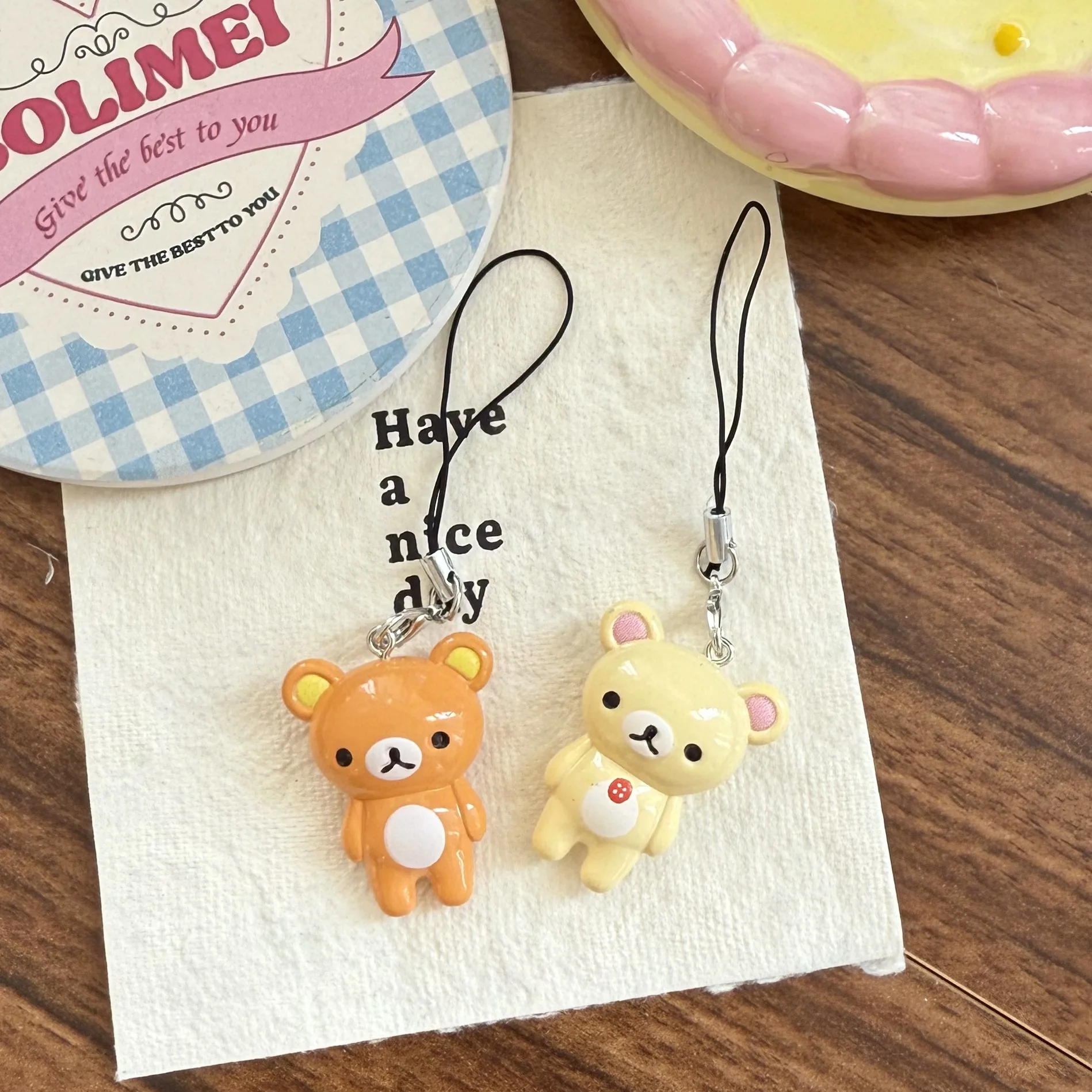2pcs/set Kawaii Rilakkuma Easy Bear Keyrings Lazybear Doll Keychains Bag Clothing Puller Phone  Accessories Pendants Gift