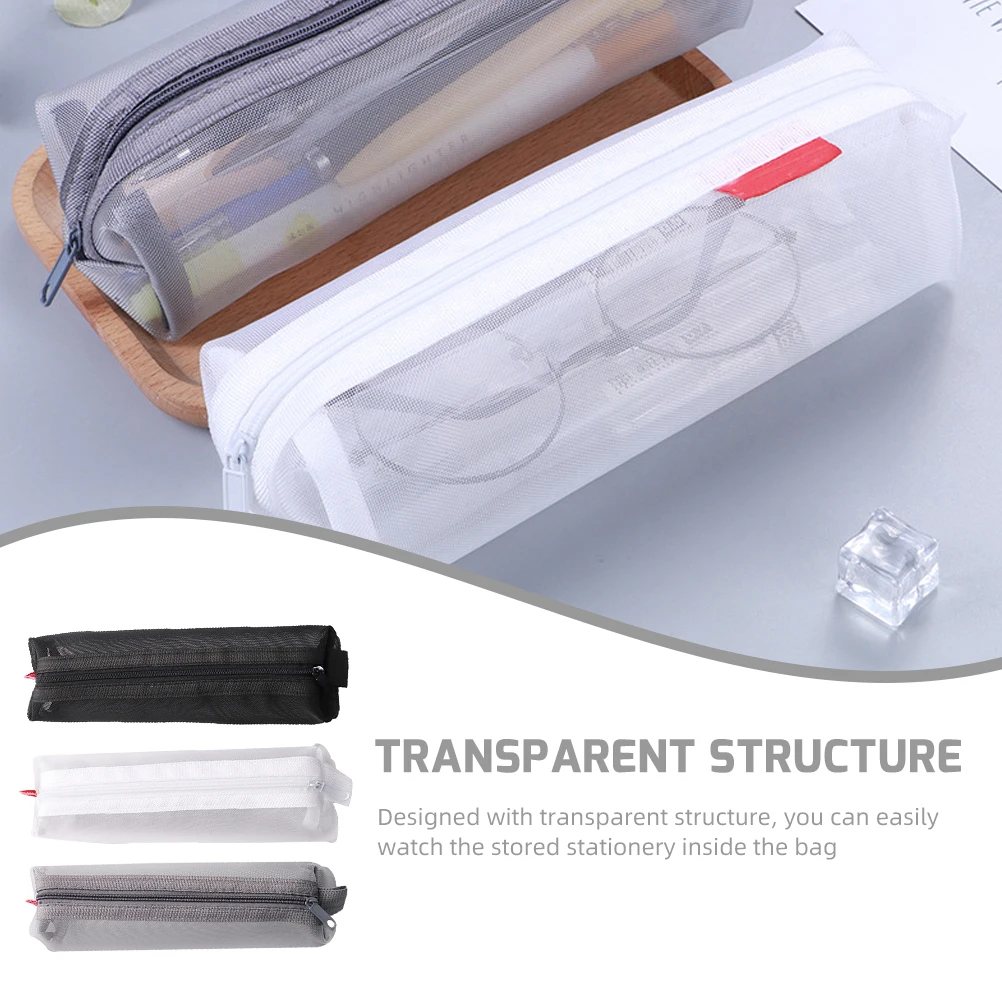 

3pcs Large Capacity Transparent Mesh Stationery Bag Solid Color Student ganizer Pen Storage Nylon Pouch File Folder