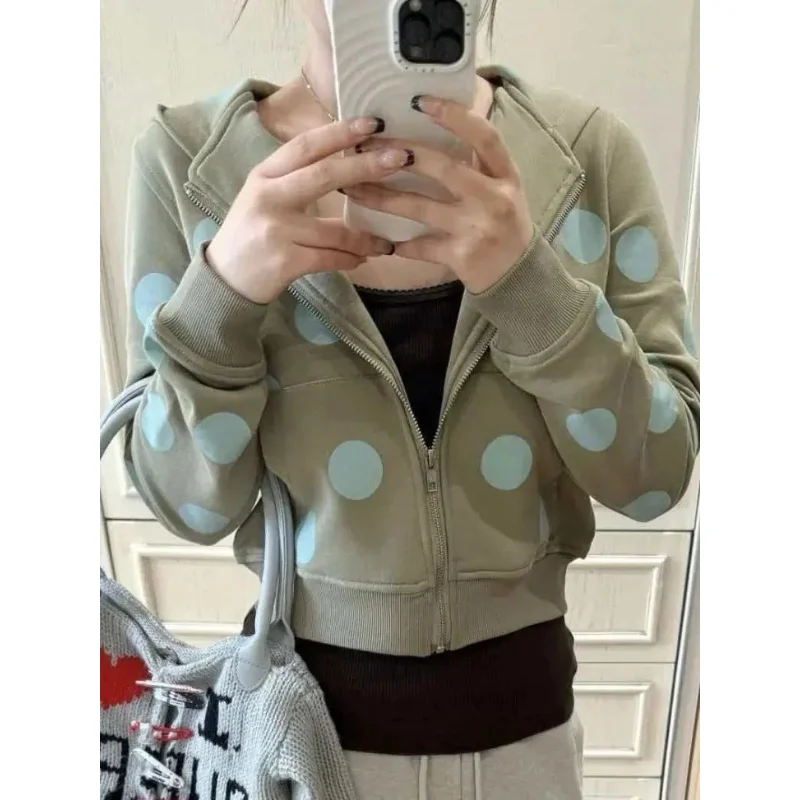 2026 Women Korean Style Polka Dot Zip Up Hoodie Short Cropped Slim Fit Casual Petite Girls Autumn Winter Tops