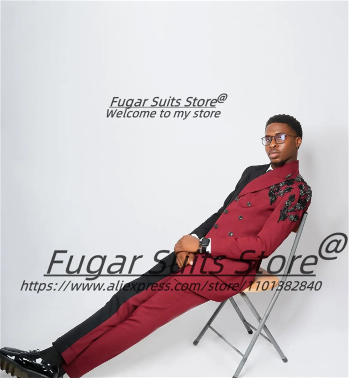 Fashion Black and red splicing Men Suits Customized Shiny Beading Groom Wedding Tuxedos 2 Pcs Sets Male prom Blazers Ropa Hombre