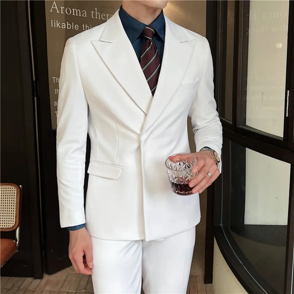 

White slim groom wedding set 2-piece men's fashion set jacket with pants men's gentleman German style suit