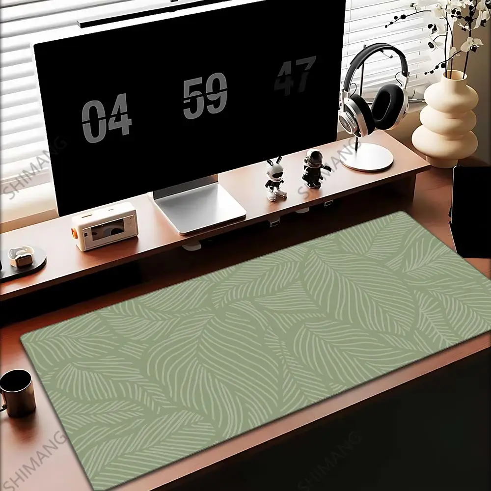 セージグリーンのマウスパッド、デスクマット、可愛い、複数サイズ、ステッチエッジ、ボヘミアンシック、緑の葉、自然、マウスパッド、大型、拡張デスクマット