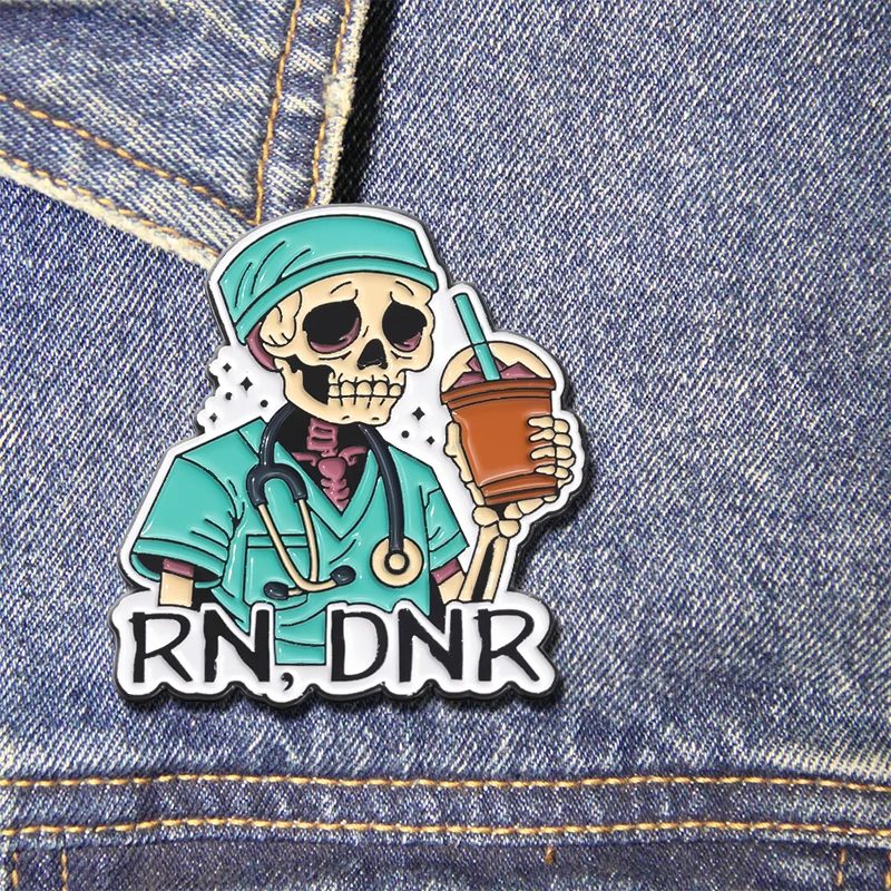 Skull Physician Drinking Coffee Enamel Pins RN, DNT Clothes Brooch Lapel Badges Jewelry Gift