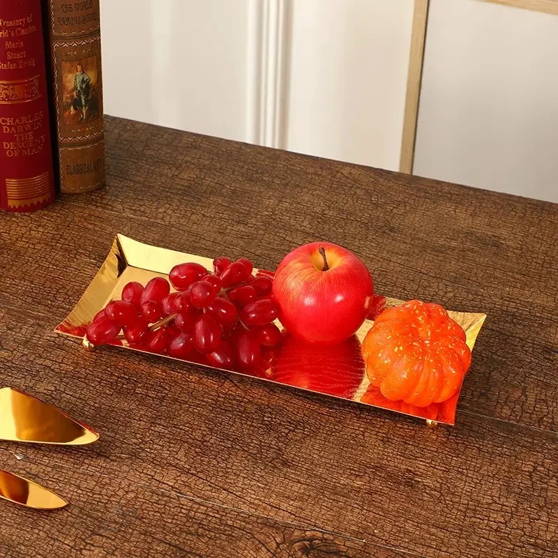 

European Fruit Plate, Alloy Household Rectangular Shape Plate, Golden Retro Snack Plate, Candy Plate Home Living Room Decoration