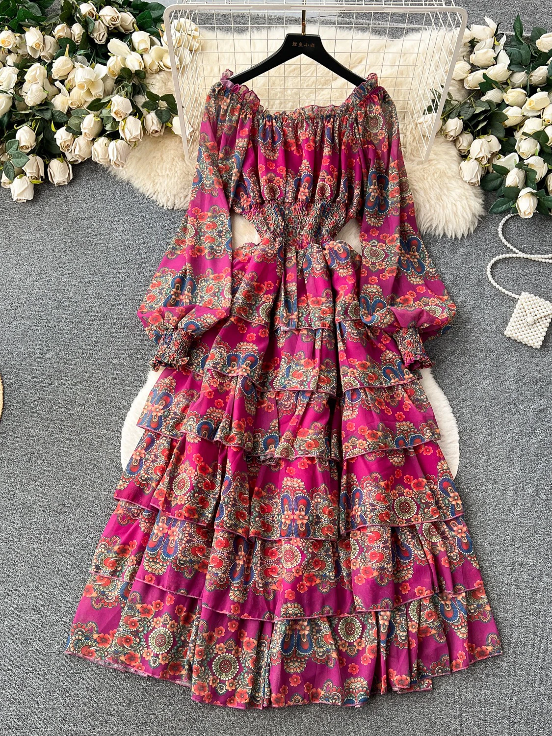 

Spring Autumn Vintage Women Printed Chiffon Ruffle Dress Elegant Slash Neck High Waist Tierred Party Long Robe Female 2024 New