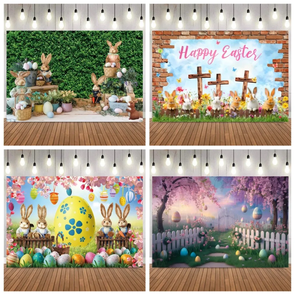 

Easter cartoon rabbit Easter egg flower garden Backdrop, colorful wooden board children birthday party home decoration Backdrop