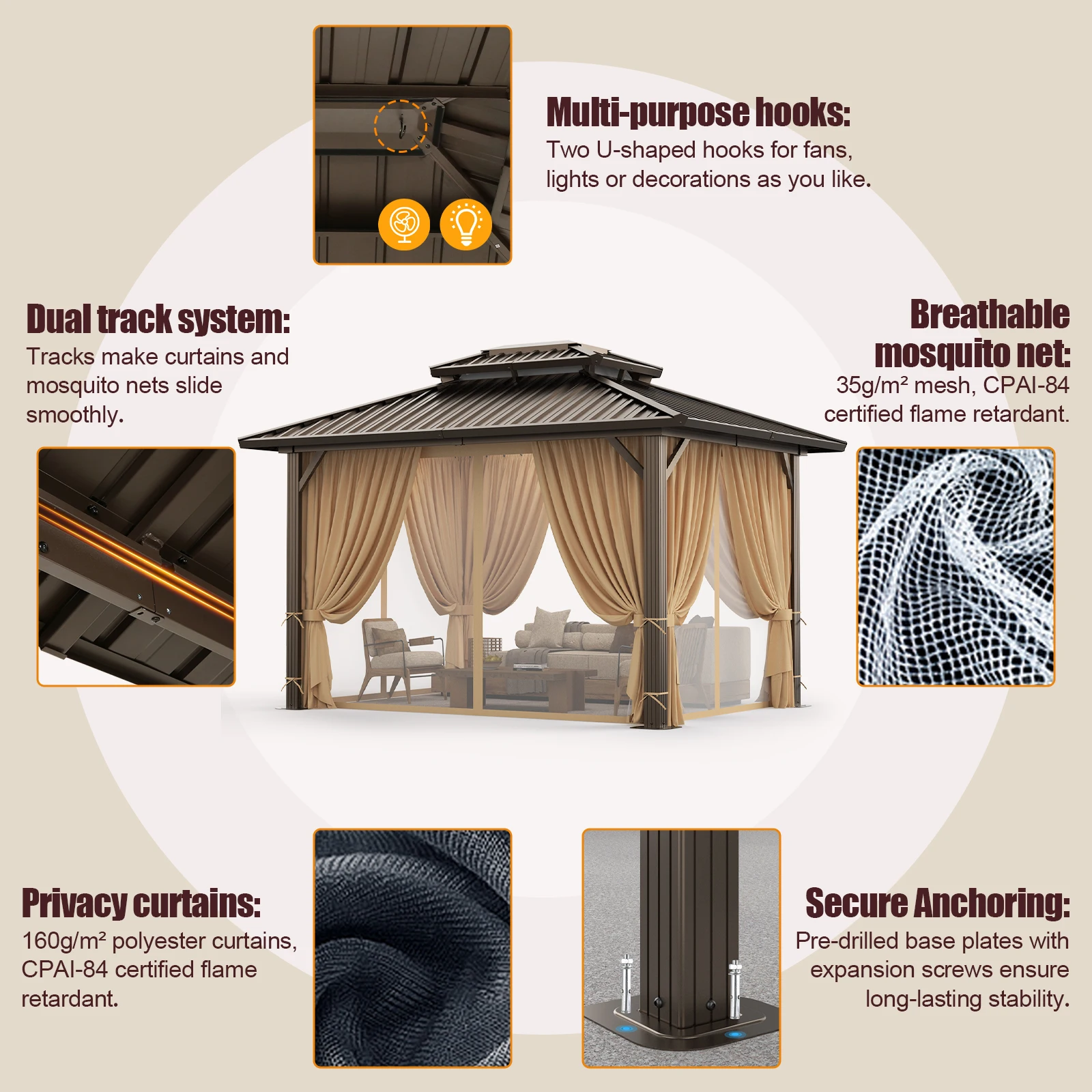 10x12 Hardtop Gazebo, Heavy Duty Galvanized Steel Double Roof Metal Gazebo with Netting and Curtains, Permanent Outdoor Pavilion Pergola for Backyard, Patio, Garden and Lawn, Flame-Resistant Cabana Shelter, Black view 6