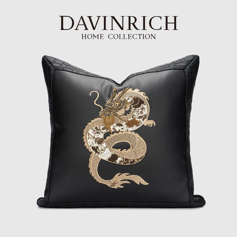 DAVINRICH Luxe Charm Dragon Embroidered Pillow Cover Gold Sequins Black PU Leather Handmade Cushion Case Luxuriously Home Decor