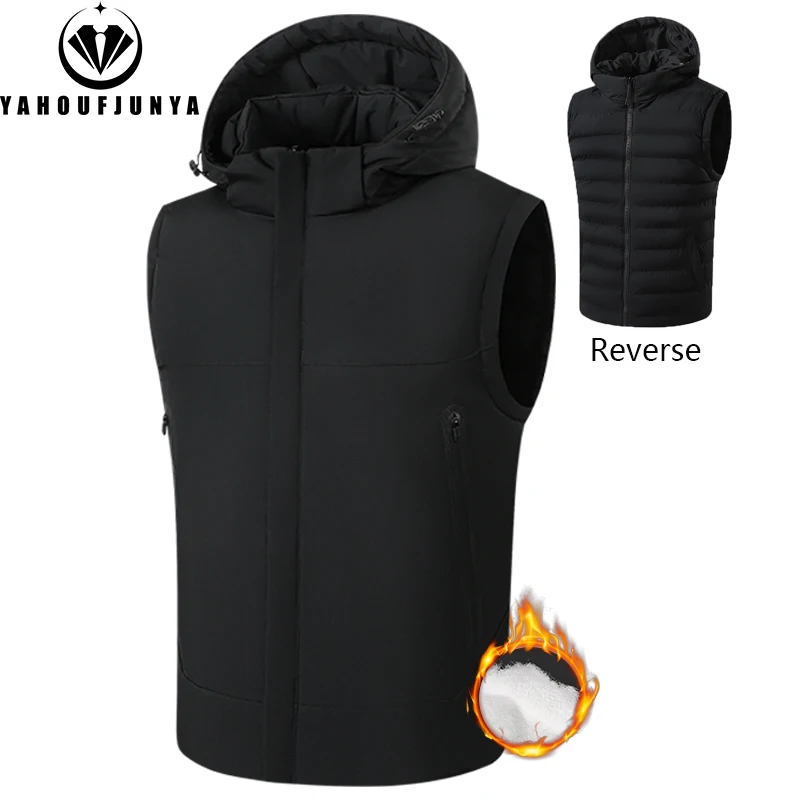 Autumn Men Double Sided Wear Outdoor Detachable Hooded Vest Men Winter Fleece Warm Solid Zipper Casual Fashion Vest Male Coat