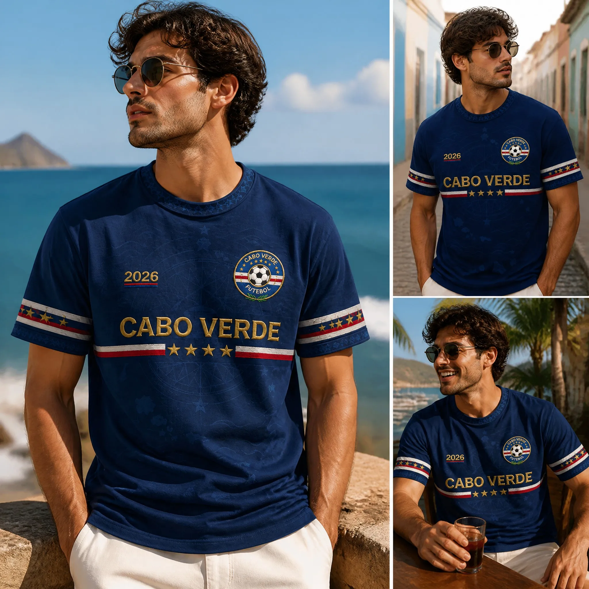 Mens Cabo Verde Crew Neck T Shirt Blue Stripe Print Short Sleeve Casual Top Coastal Soccer Style Travel Graphic Tee For Men Wear