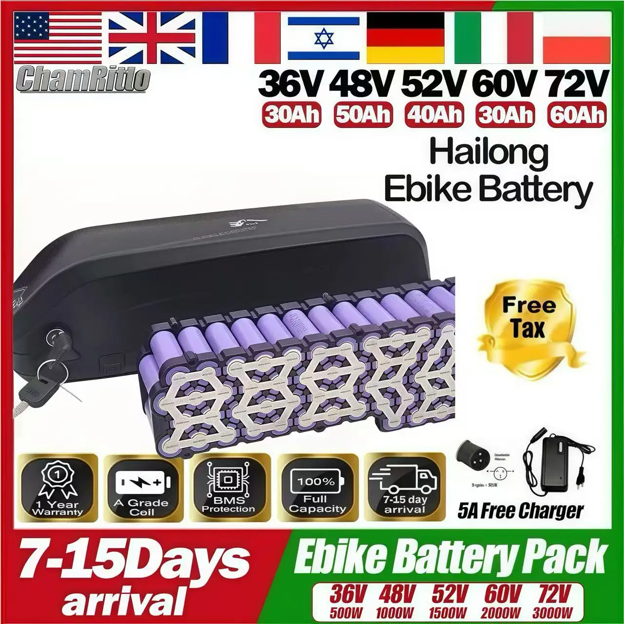 

48v36v 52v 60v 72v Hailong 24 30ah 40ah 50 60ah Batterie Velo Electrique Ebike Bateria 20ah Cham-rider Akumulator 2000w Battery