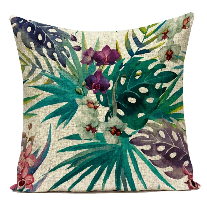Tropical Green Leaf Leaves Purple Red Flower Polyester Cojines Decorativos Para Sofa Pillow Cushion Cover Pillowcase