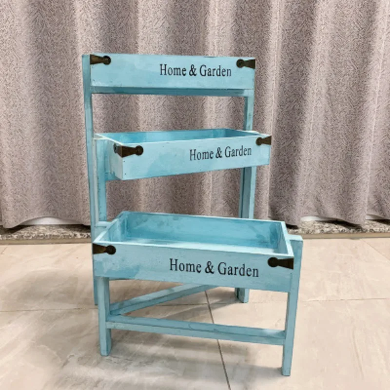 Retro old flower stand, living room indoor multi-layer solid wood balcony floor-to-ceiling ladder succulent plant wooden flower