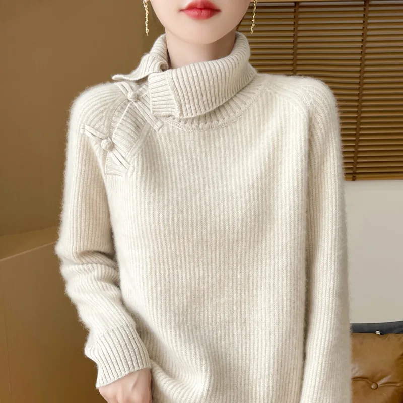 Autumn Winter New Sweater Women\'s Clothing 100% Wool Collar Knitted Pullover Fashion Chinese Style Retro Knitted Warm Tops