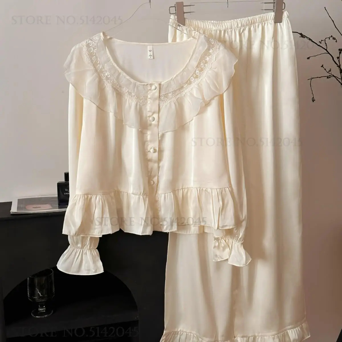 

2PCS Pajamas Set Women's Sleepwear French Romantic Ruffled Lace Long Sleeve Trouser Suits Home Clothing Silk Satin Loungewear