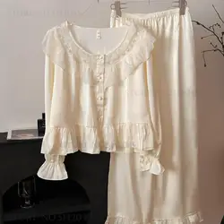 2PCS Pajamas Set Women's Sleepwear French Romantic Ruffled Lace Long Sleeve Trouser Suits Home Clothing Silk Satin Loungewear