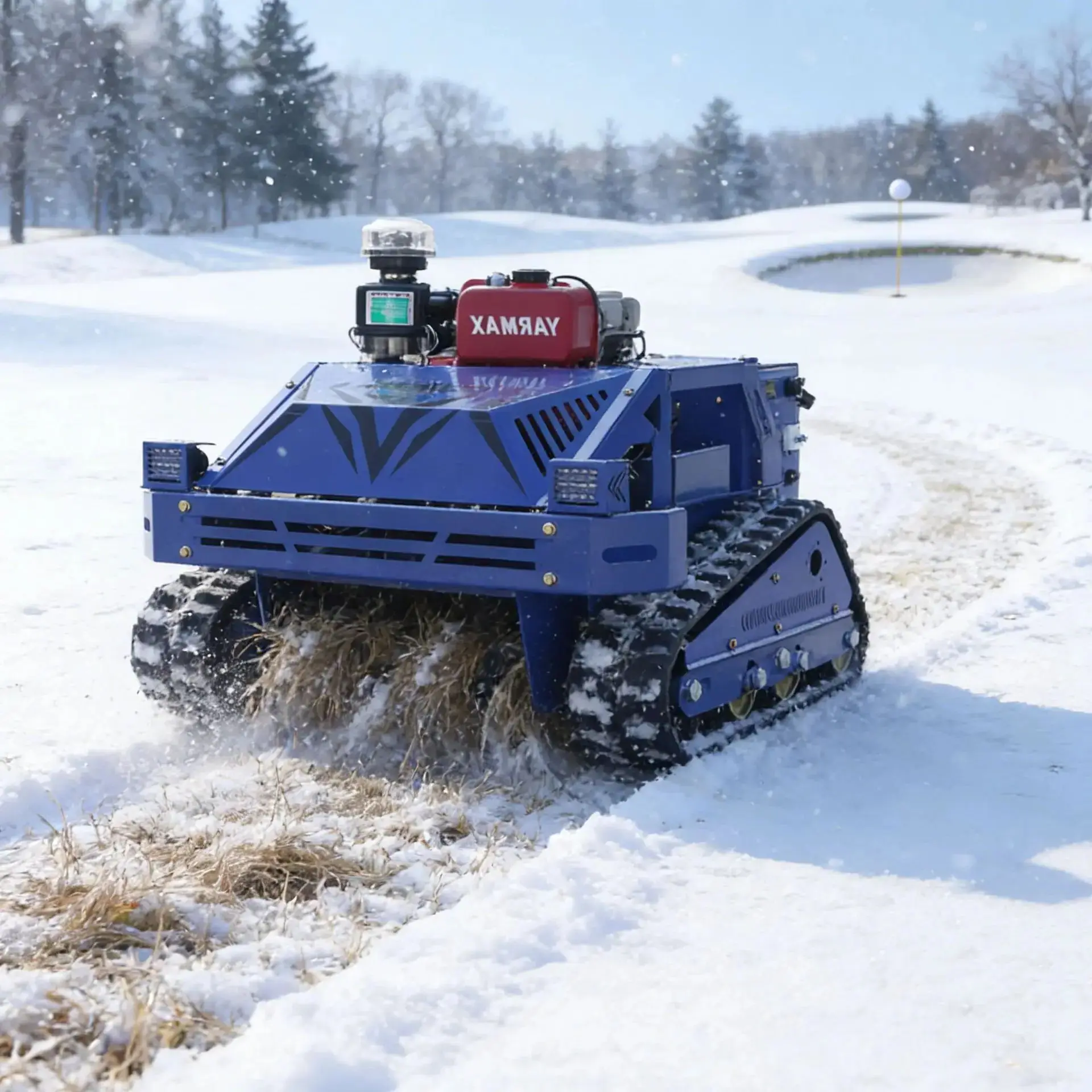 Customized All-terrain track design balancing grass grip and ground protection without damaging vegetation flail mower