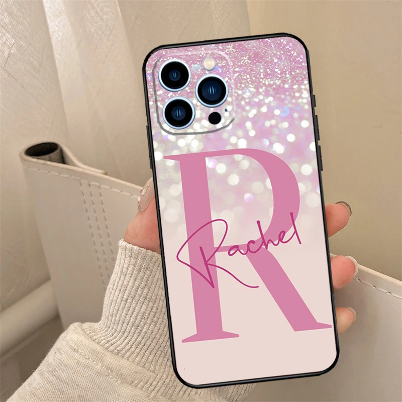 Personalised initials name pink shiny Back Case For iPhone 16 15 14 13 11 12 Pro Max Mini XS X XR 7 8 Plus Phone Cover