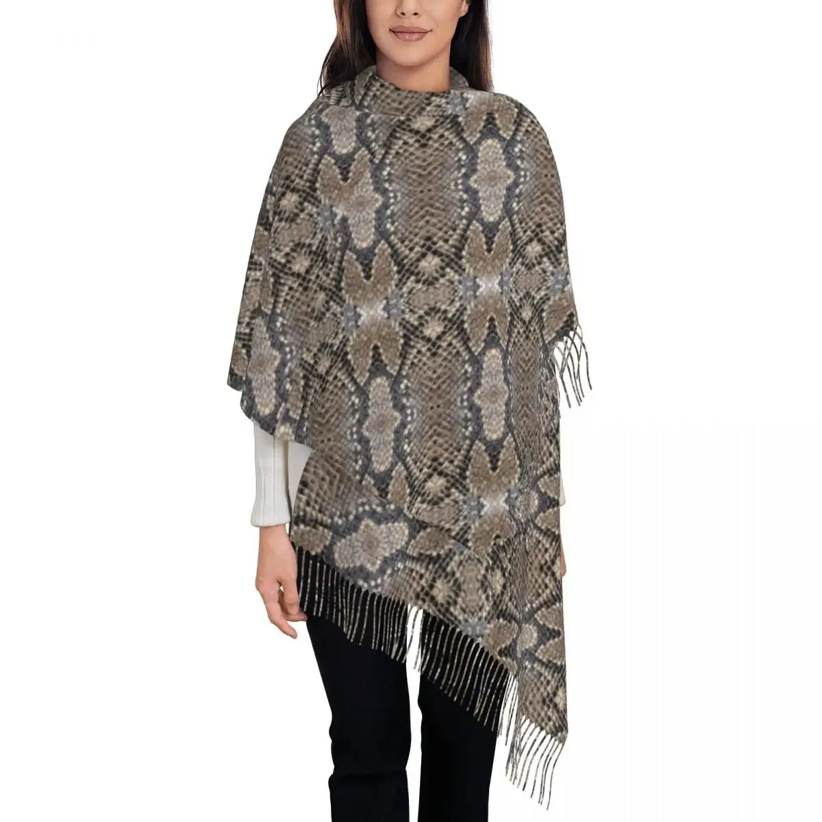 Classic Snakeskin Scarf with Tassel Greys and Silvers Snake Skin Outdoor Shawls and Wraps Women Headwear Scarves Autumn Foulard