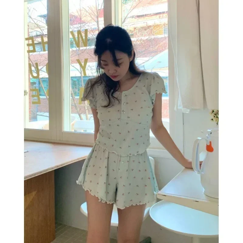 New Soft Sweet Green Homewear Clothes Floral Print Pajamas Set Women Short Sleeve Shirts Tops + Shorts Set Kawaii Home Suit