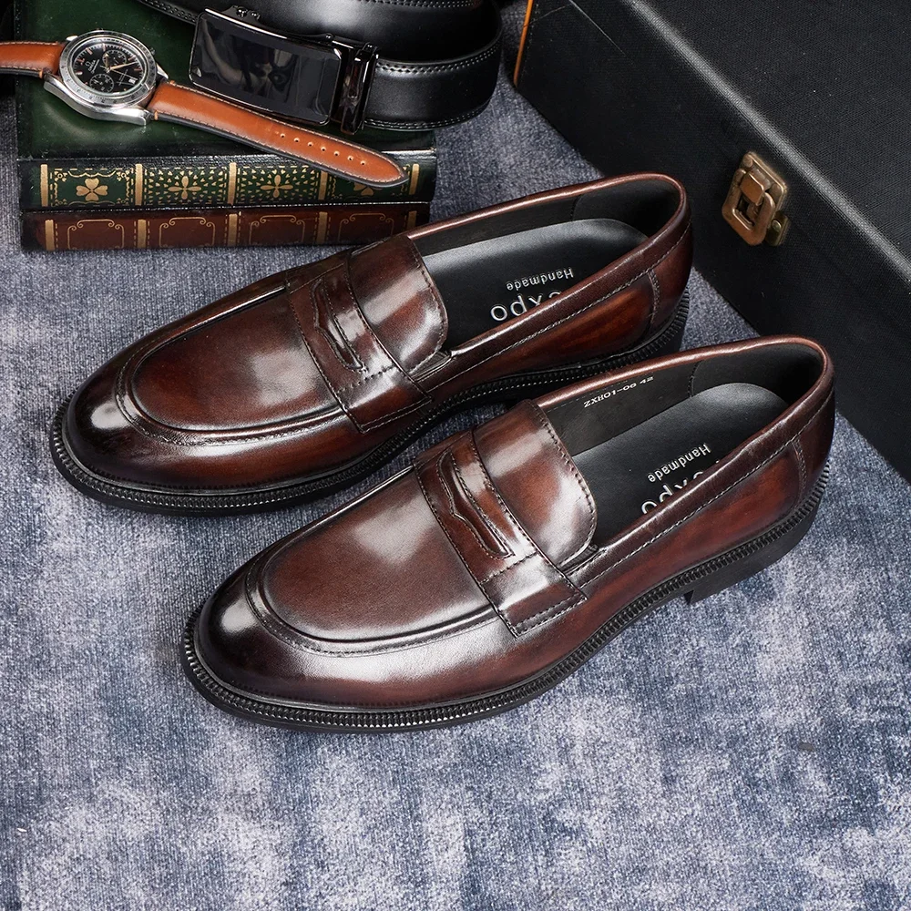Men's Formal Leather Shoes British Style Oxford Loafers Round Toe Breathable Non-Slip Business Dress Wedding Office Casual Shoes