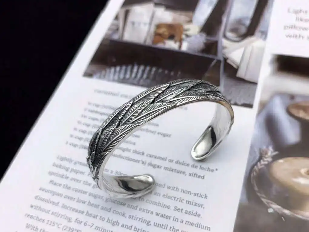 Pure Silver Feather Bracelet Wide Face Cool Youth Punk Popular Jewelry for Men and Women Personalized Retro Thai Silver Sculptur