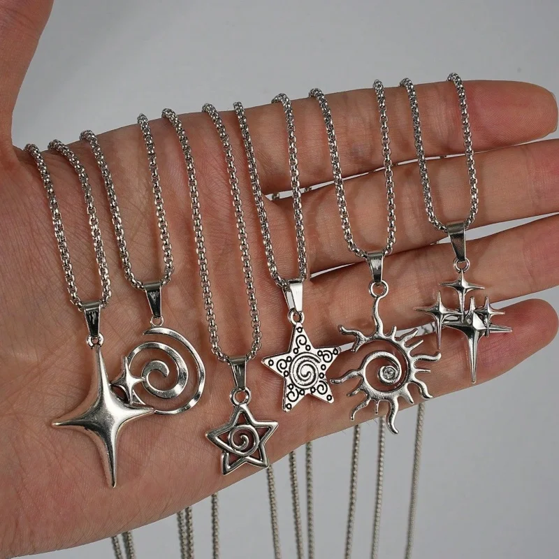 6Pcs Punk Silver Vortex Star Sun Pendant Necklace Set Y2K Hollow Spiral Star Necklace for Men and Women Simple Jewelry