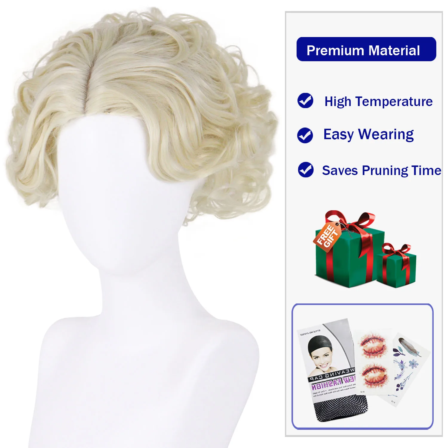 Short Curly Blonde Synthetic Wigs 12inch For Women Heat Resistant Natural Fluffy Wig Cosplay Daily Party Halloween Easy to Wear