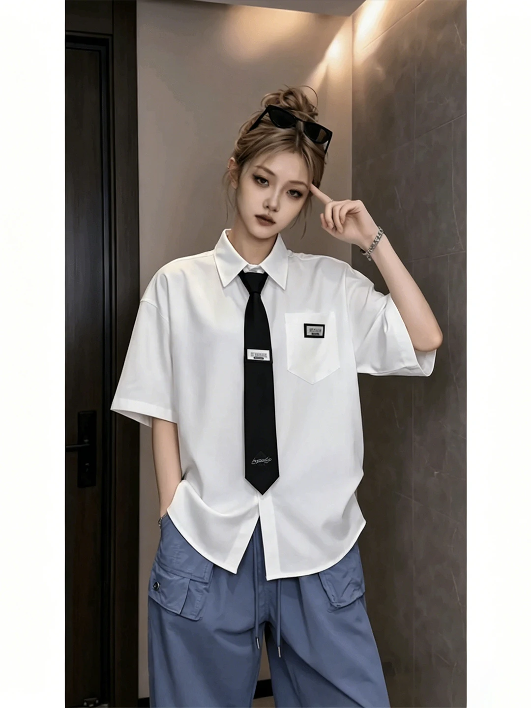 Cityboy Ice Silk Short Sleeve Shirt Men Women Summer School Style Tie Shirt White DK Uniform Jacket Loose Fit Decorative Detail