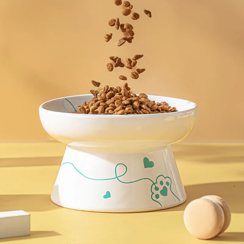 Ceramic Cat Bowl Simple High Footed Neck Protection Cat Bowls Dog Food Feeder Refuses Black Chin Pet Supplies