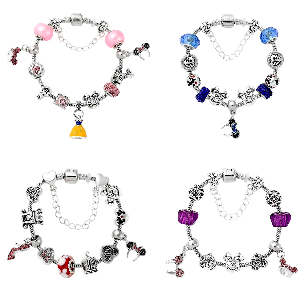 Cinderella Snow White Mickey Mouse Charm Bracelet for Women Pendant Bracelet Cartoon Accessories Jewelry Gift for Family Friend