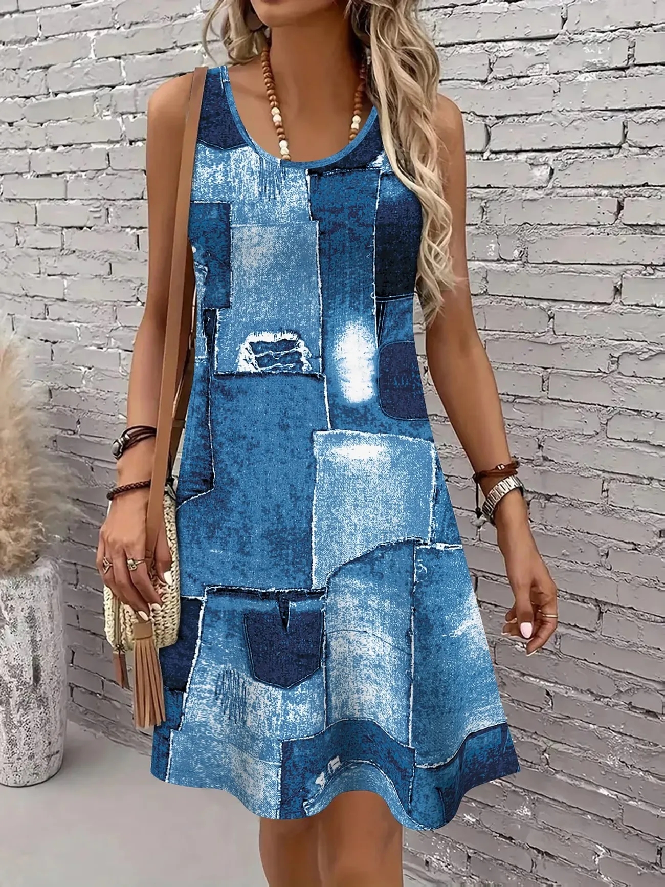 Plus size women's summer dress s-6XL sleeveless round neck beach vacation style 3D retro printed dress