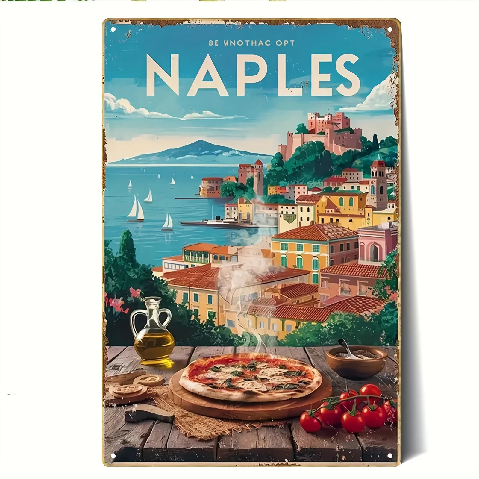 Letrero artístico de pared de Metal con temática de Nápoles Vintage, plano, 2D, 8x12 pulgadas, decoración costera italiana de hierro rústico con Pizza, aceite de oliva y Tom, 1 ud.