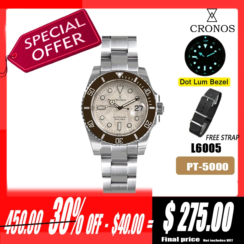 Cronos Sub Diver Men Watch Stainless Steel PT5000 Bracelet Ceramic Bezel 200 meters Water Resistant Glideclasp