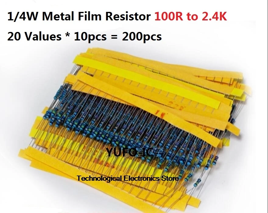 20 values*10PCS=200PCS 100R-2.4K Ohms 1/4W 5% Metal Fillm Resistor Kit Set Assorted 1K 2K 2.2K 150R 180R 200R Assortment Pack