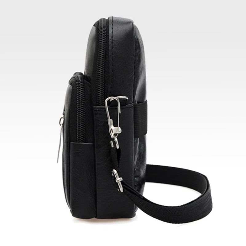 Men Shoulder Bags Black PU Leather Sports Mobile Phone Bag For Male Solid Color Zipper Crossbody Bag Casual Small Bags