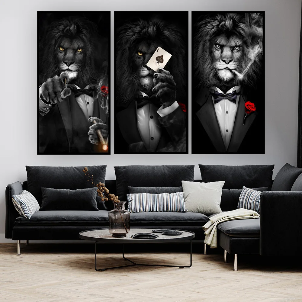 

Modern Animals Lion Portrait Posters Prints on Canvas Wall Art Cool Lion Smoking Cigar Painting for Living Room Home Decoration