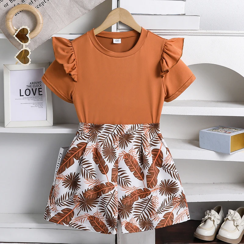 Girls 8-12 2-Piece Set, Orange Ruffle Sleeve Top & Tropical Leaf Print Shorts, Sweet Breathable for Daily Summer Wear