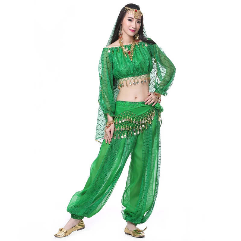 

Adult Highlight Belly Dance Costumes Women Bollywood Indian Egyptian Dance Sequin Top+Lantern Long Pants Set Clothes Performance