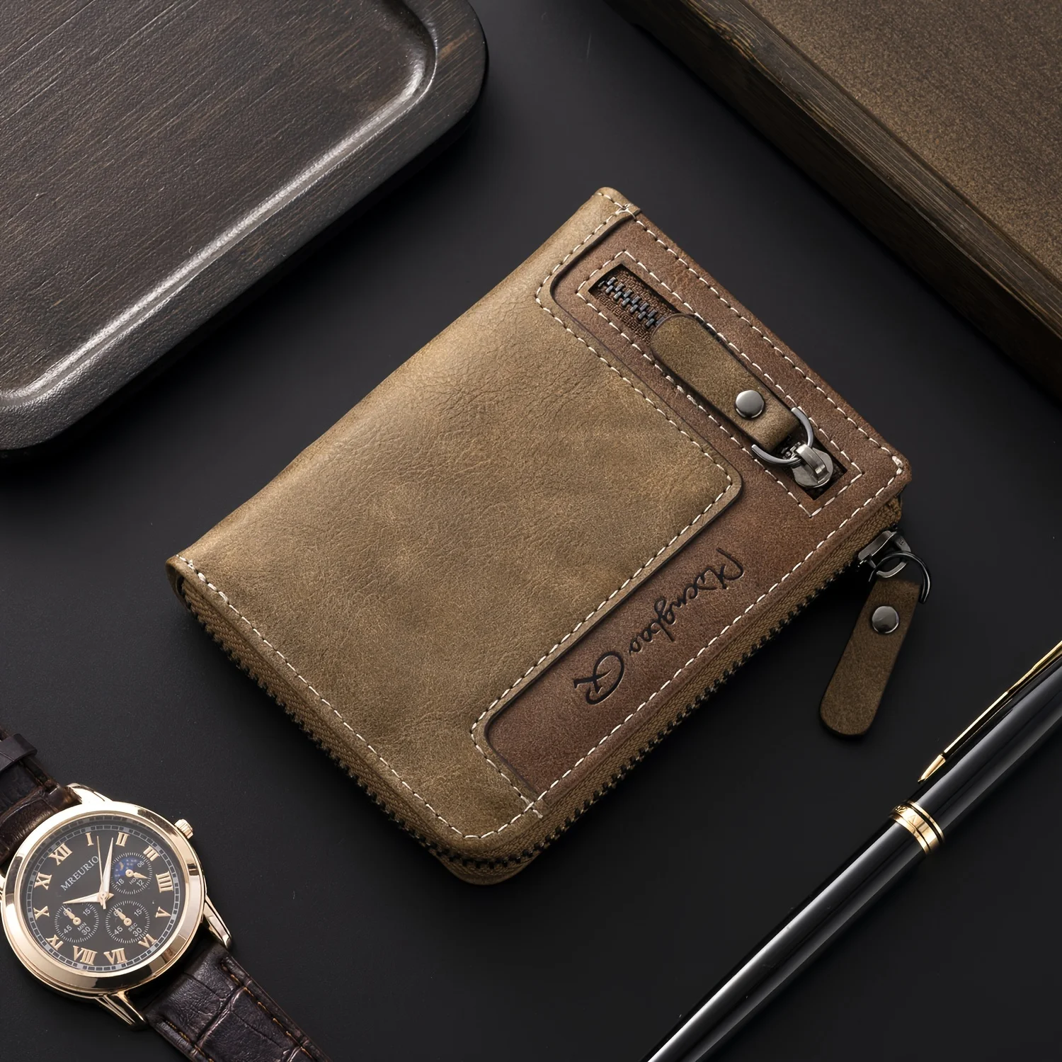 Personalisierte Foto-Geldbörse für Herren, Retro-Kurzgeldbörse mit graviertem Bild, Reißverschluss, PU-Leder, Münzgeldbörse, hochwertiger Kreditkartenhalter, ideales Geschenk – Detail 13